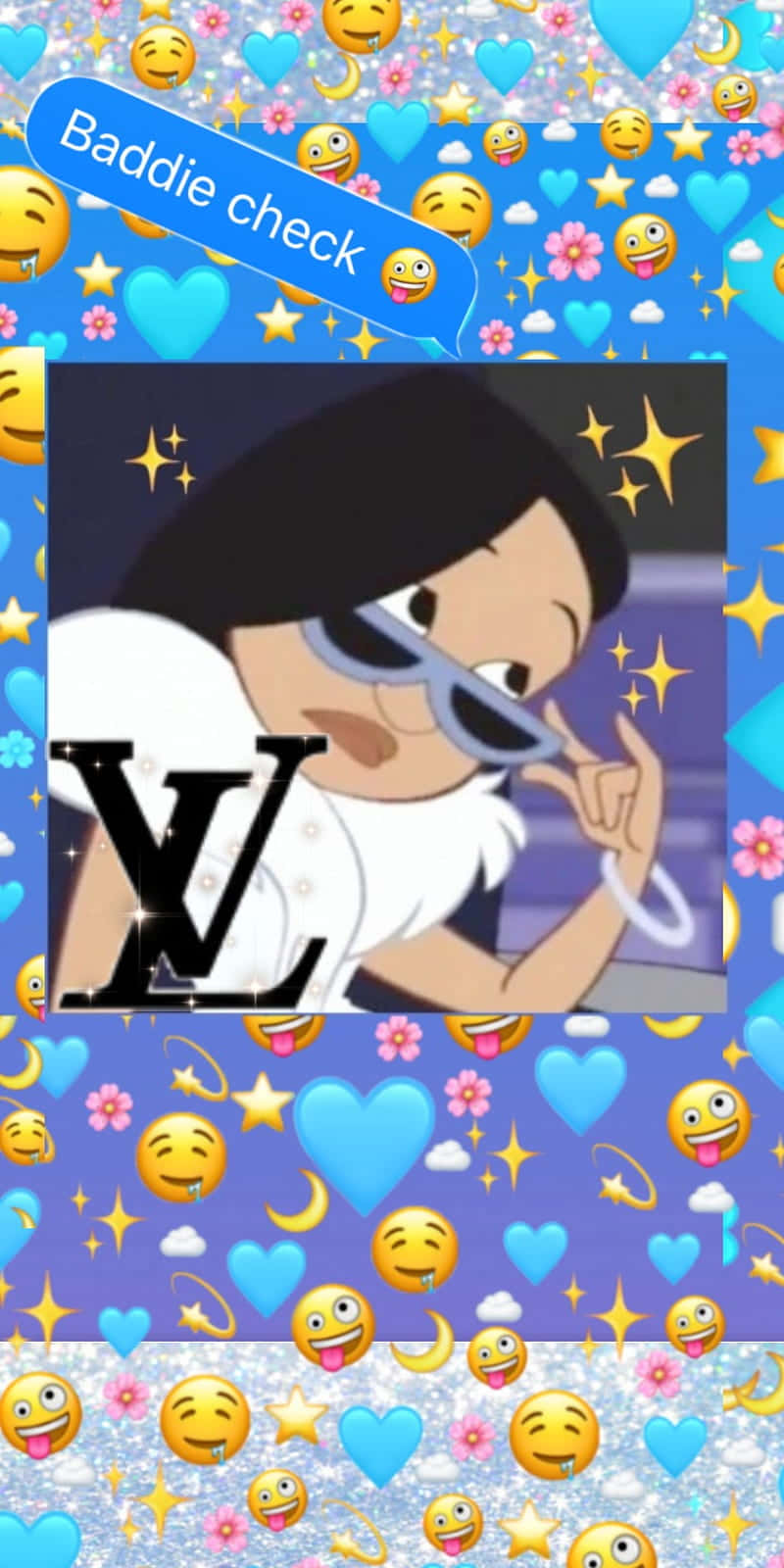戴住太陽眼鏡嘅卡通女仔，帶住 Louis Vuitton 標誌，被表情符號同閃粉包圍。