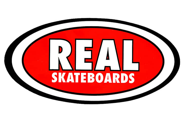 紅色橢圓形標誌，白色文字寫著 real skateboards