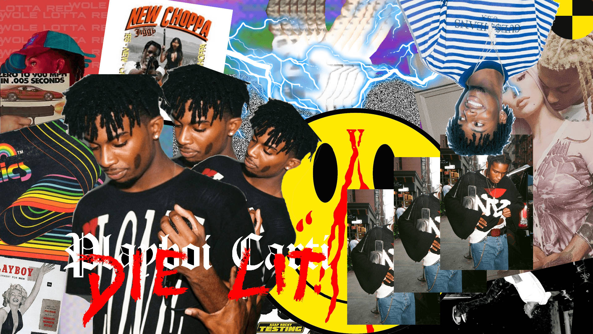 嘻哈拼貼畫，以 Playboi Carti 和街頭服飾文化為特色，搭配大膽的圖形。