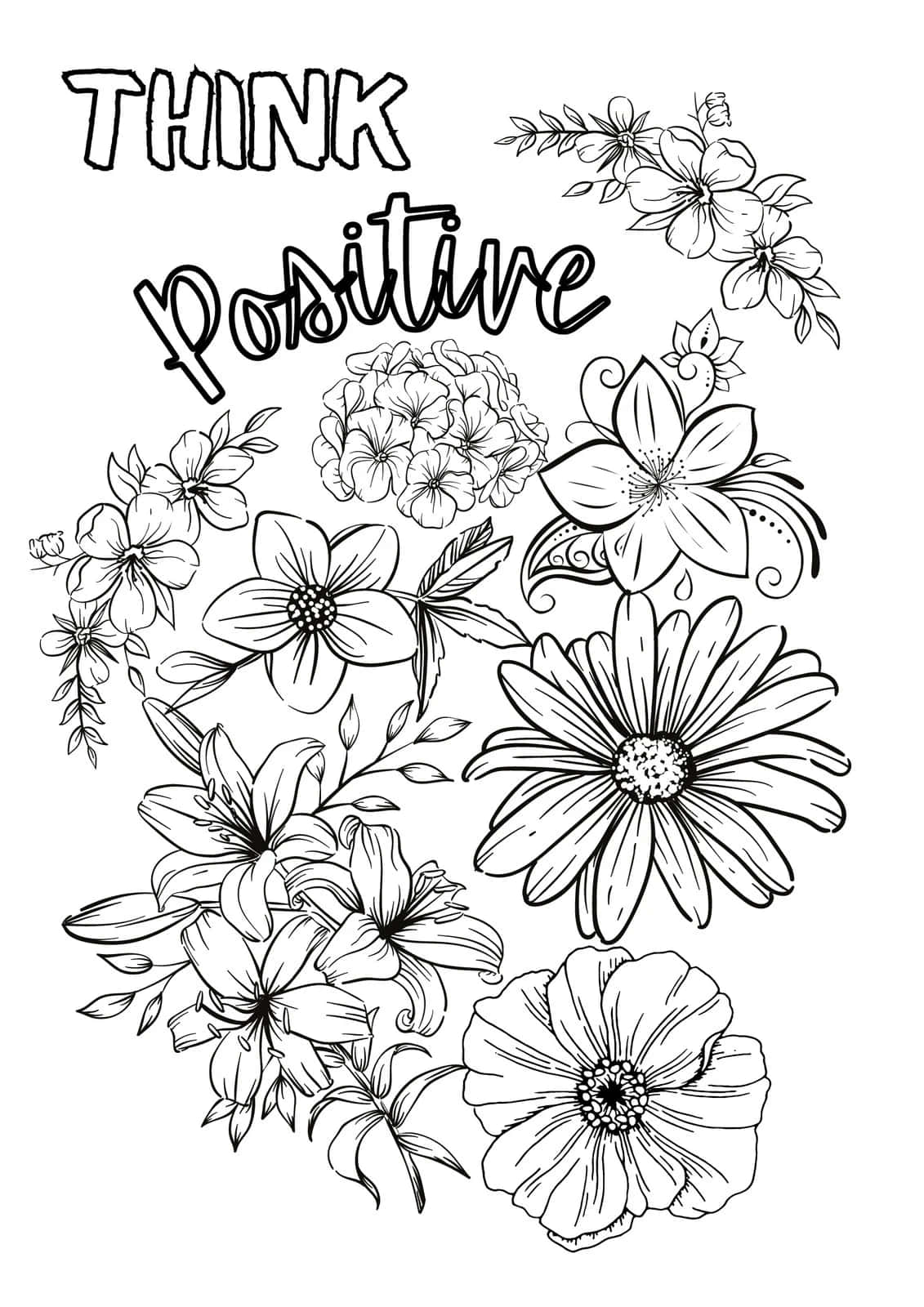 黑白花卉插圖，附有「THINK positive」文字供填色。