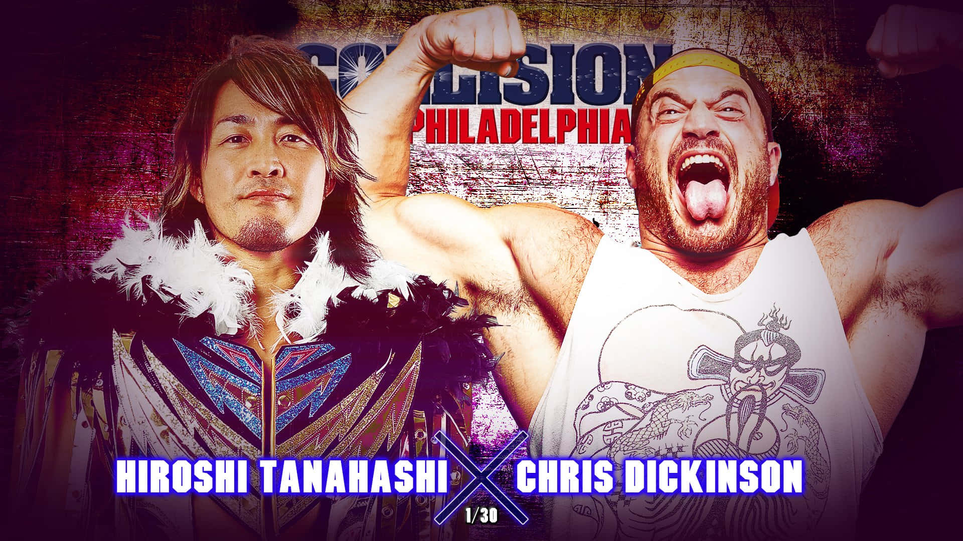 摔角手 Hiroshi Tanahashi 和 Chris Dickinson 穿著戰鬥裝備，挑釁地擺姿勢。