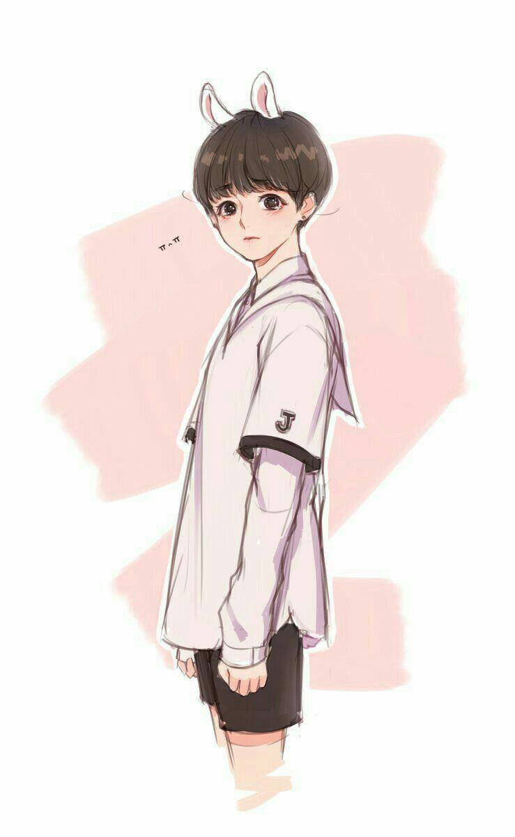 動漫男孩戴著兔耳，穿著白色外套和黑色短褲，背景是粉紅色。