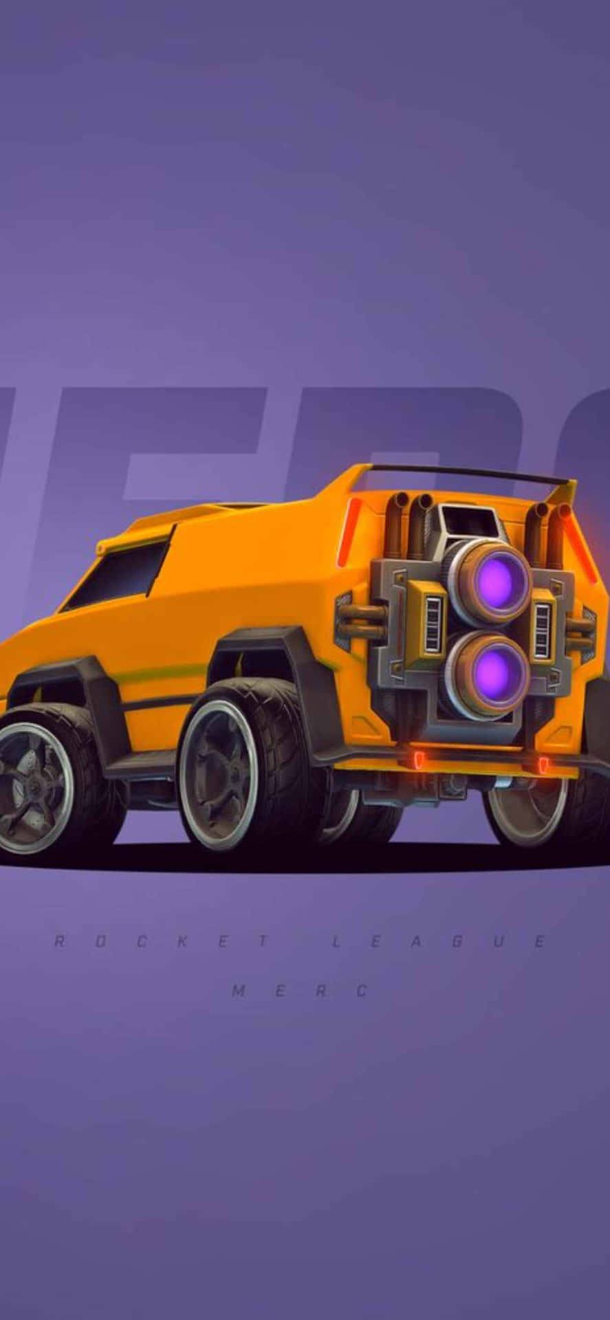 黃色Rocket League Merc賽車，帶有紫色助推器，背景為紫色。