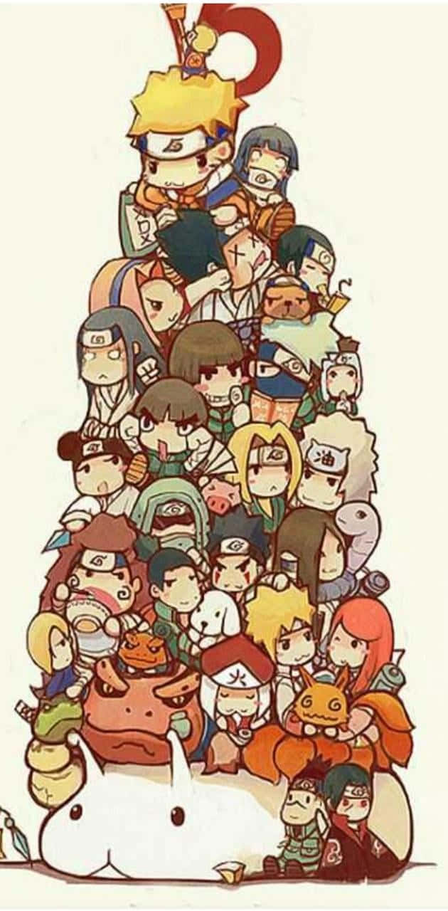 Naruto's Friend 桌布 壁紙 — 由《火影忍者》中的Q版動漫角色堆疊而成的高聳金字塔，表情豐富，色彩鮮豔。