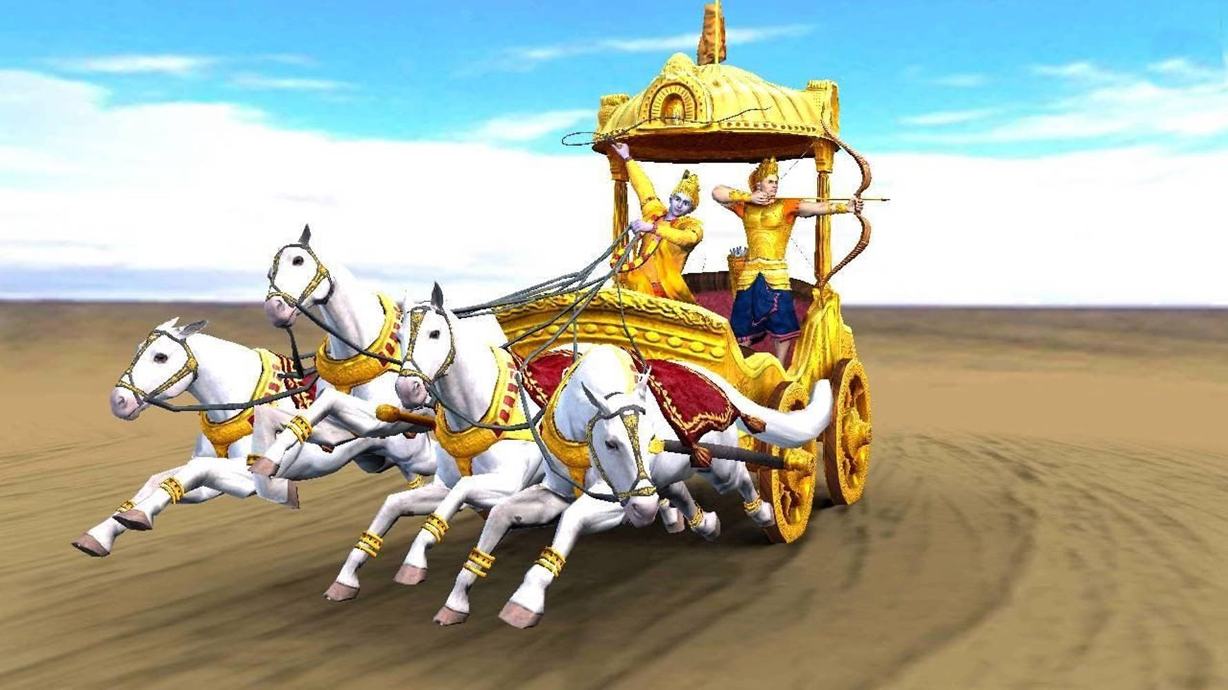 Krishna Arjun 桌布 壁紙 — 由四匹白馬拉動的金色戰車在明亮的藍天下穿越廣闊的沙漠。