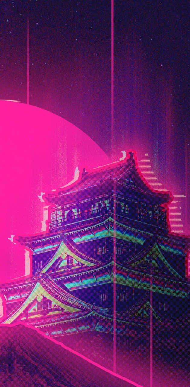 在粉紅月亮下帶有數碼故障效果在夜晚發光的霓虹城堡。