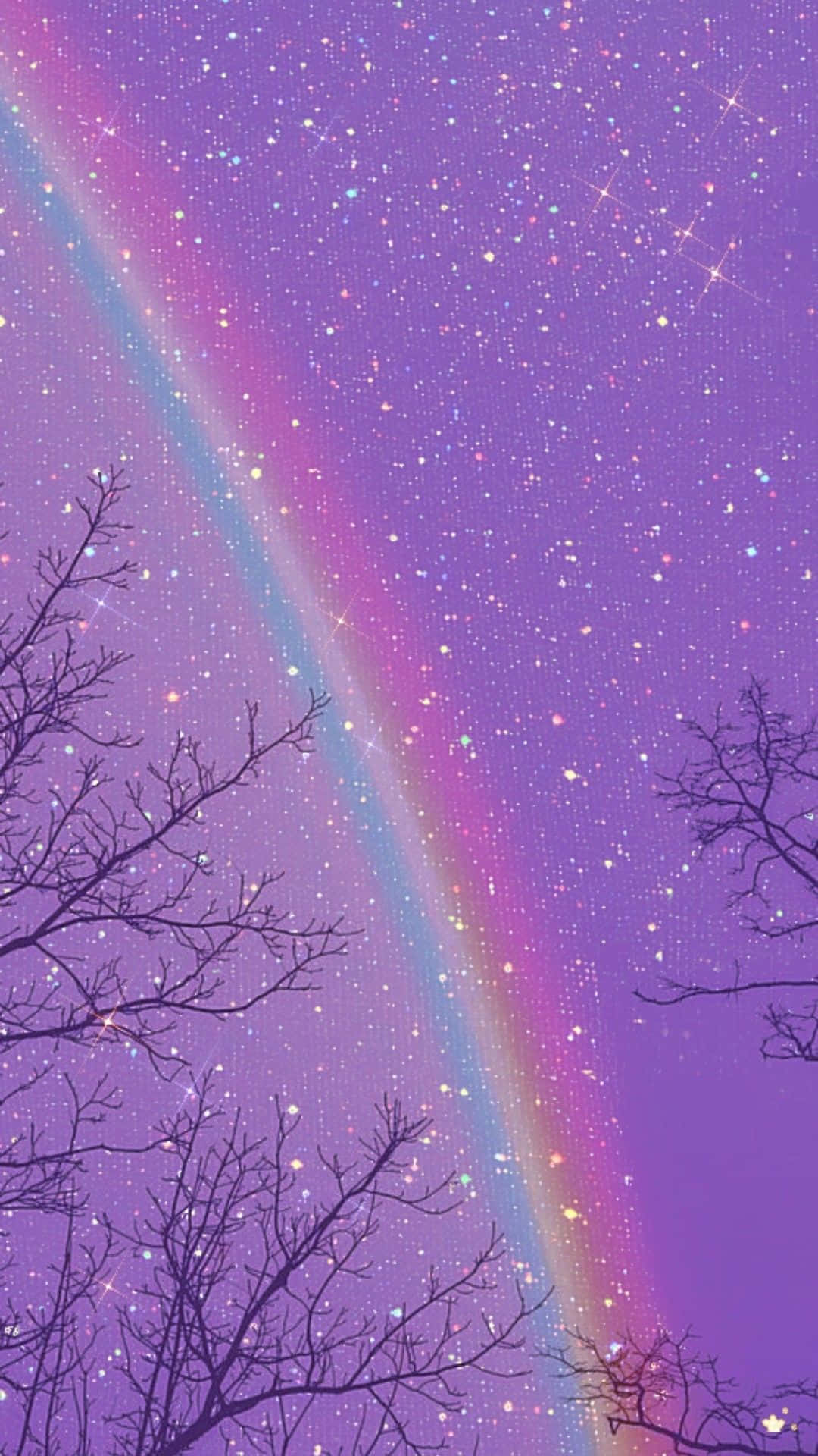 光禿的樹枝襯托著一道發光的彩虹，背景是繁星點點的紫色天空。