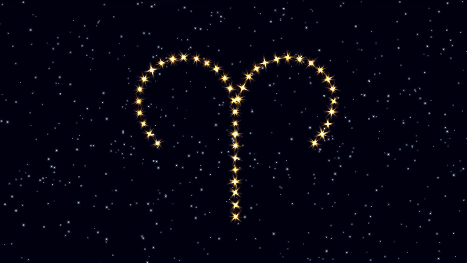 aries 桌布 壁紙 — 由明亮星星組成的發光金色白羊座星座，點綴在深藍色夜空中的閃爍星星之間。