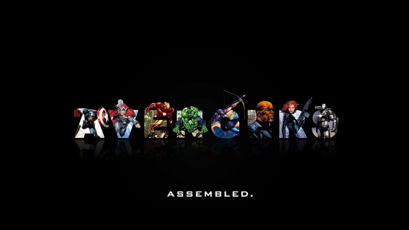 1366x768 marvel 桌布 壁紙 — 由標誌性英雄站在黑色背景上並帶有反射表面形成的復仇者聯盟標誌。