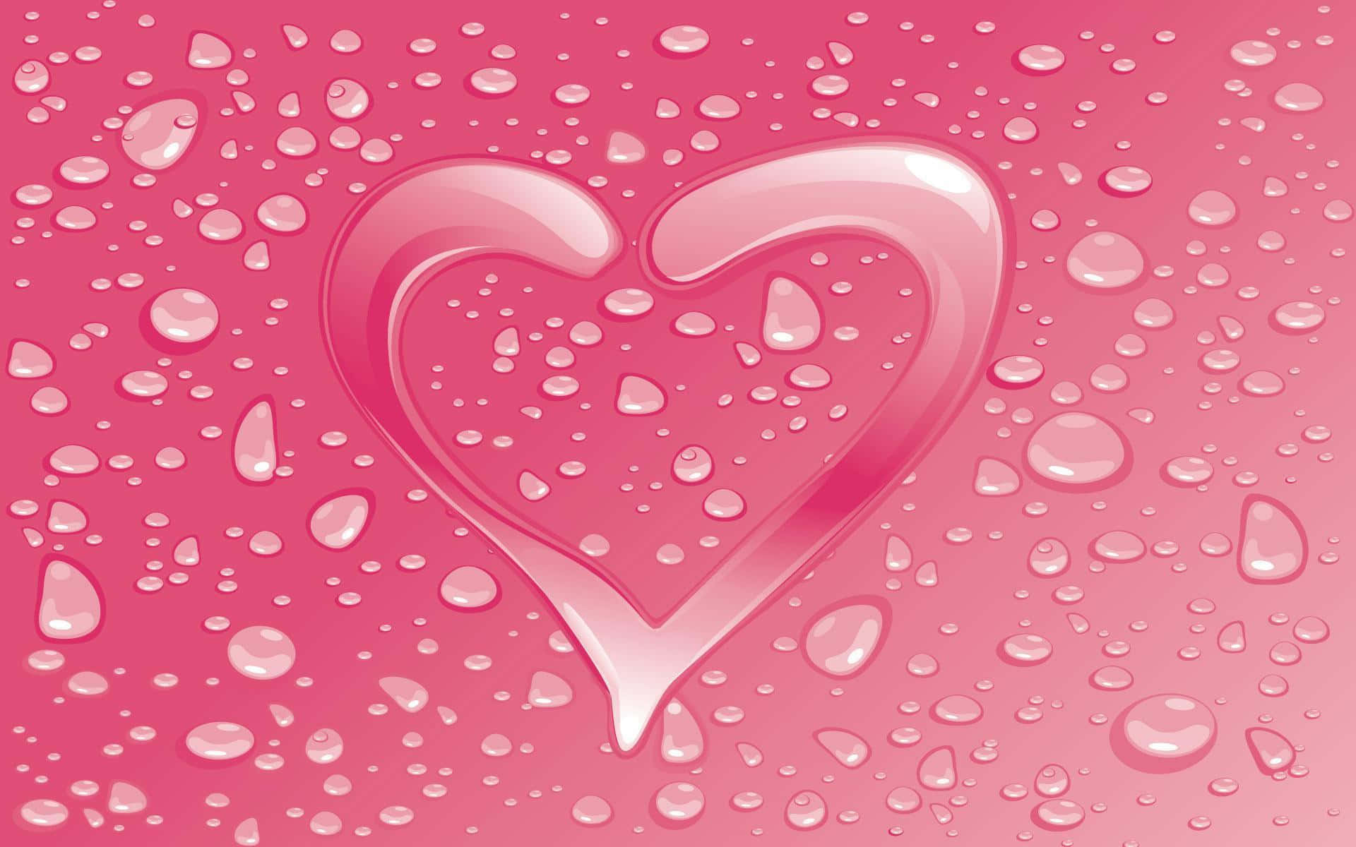 Heart Shape 桌布 壁紙 — 由水滴在充滿活力的粉紅色表面上形成的閃亮心形，帶有散落的露珠。