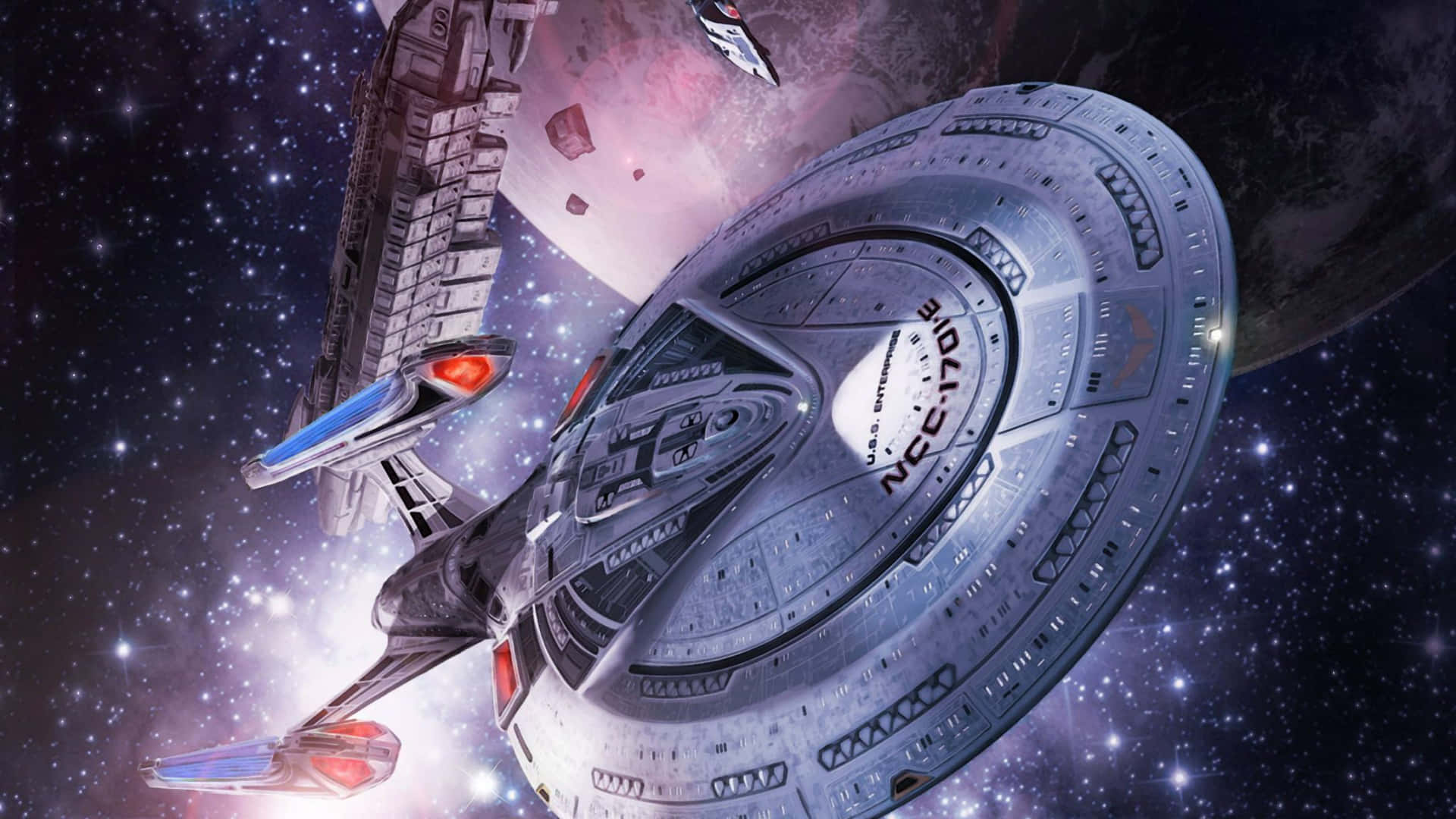 星艦企業號NCC-1701在深空中靠近一個有漂浮碎片的行星。