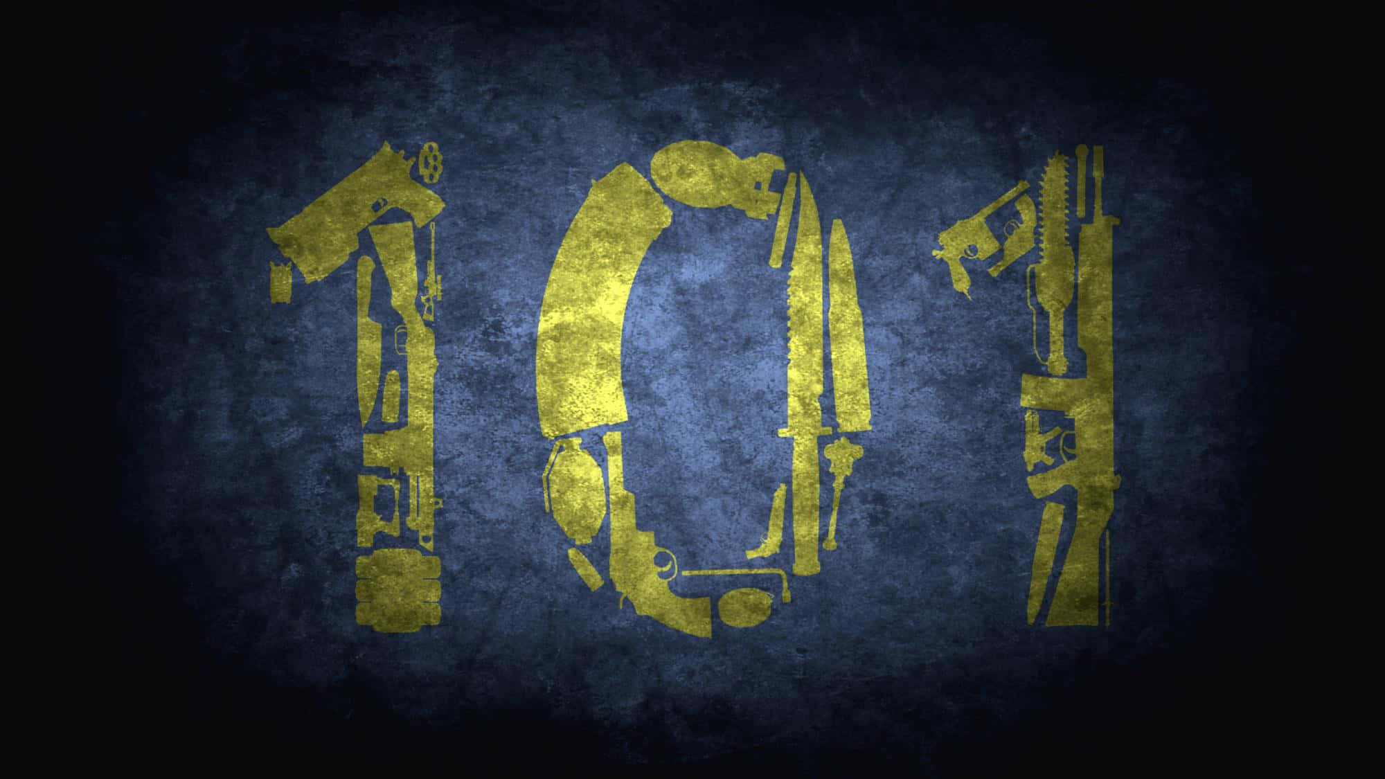 Vault 101 桌布 壁紙 — 由金色槍枝剪影在紋理深藍色背景上形成的數字101。