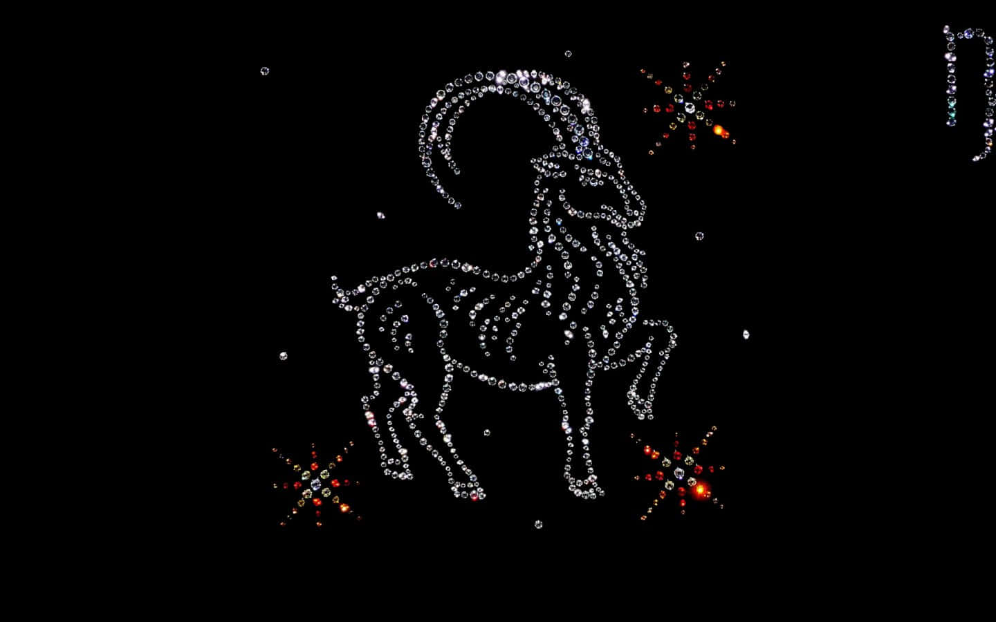 山羊座 桌布 壁紙 — 由閃爍點點組成的閃亮山羊星座，背景為黑色，並帶有彩色星爆。
