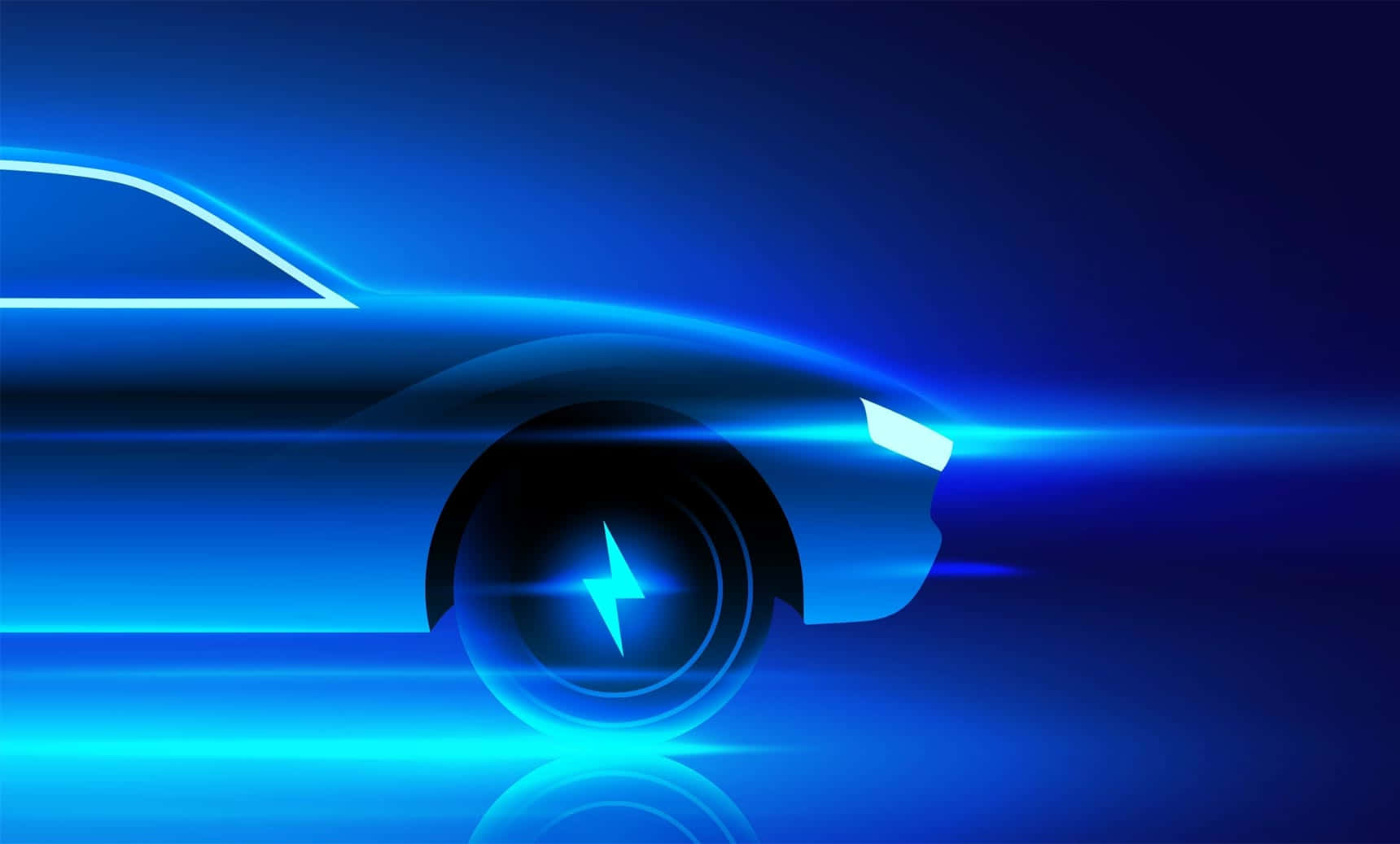 時尚的電動車，帶有霓虹藍光和車輪上的閃電。