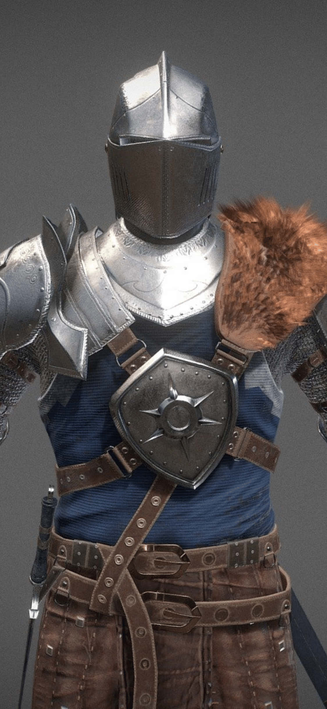 甲冑主題 iPhone XS Mordhau 背景 壁紙 — 一位身穿精細銀色盔甲、配有毛皮護肩和星形盾牌的騎士，站在中性灰色背景前。