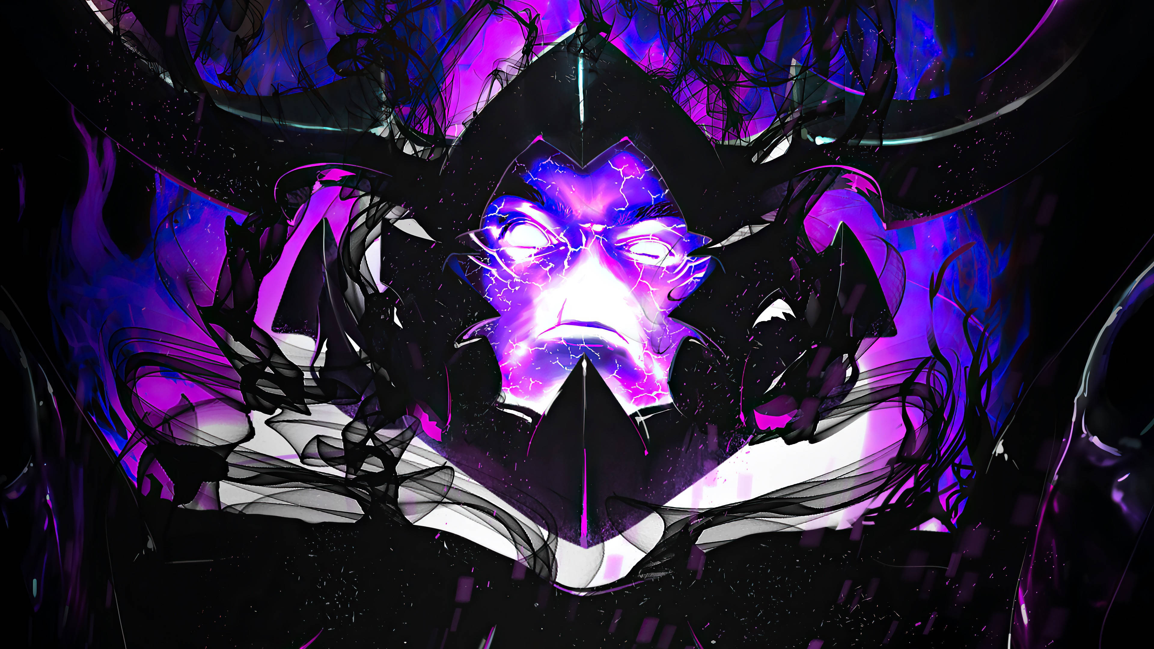 申公豹暗影 壁紙 — 一個數碼藝術肖像，描繪一個帶有發光紫色眼睛和噼啪作響能量的威脅面孔，背景為深色抽象。