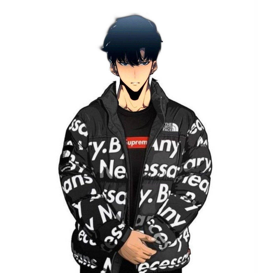 申潤福身穿Supreme 壁紙 — 黑髮動漫風格年輕男子穿著一件黑色羽絨外套，上面覆蓋著白色 'Necessary' 文字，內搭 Supreme T 恤。