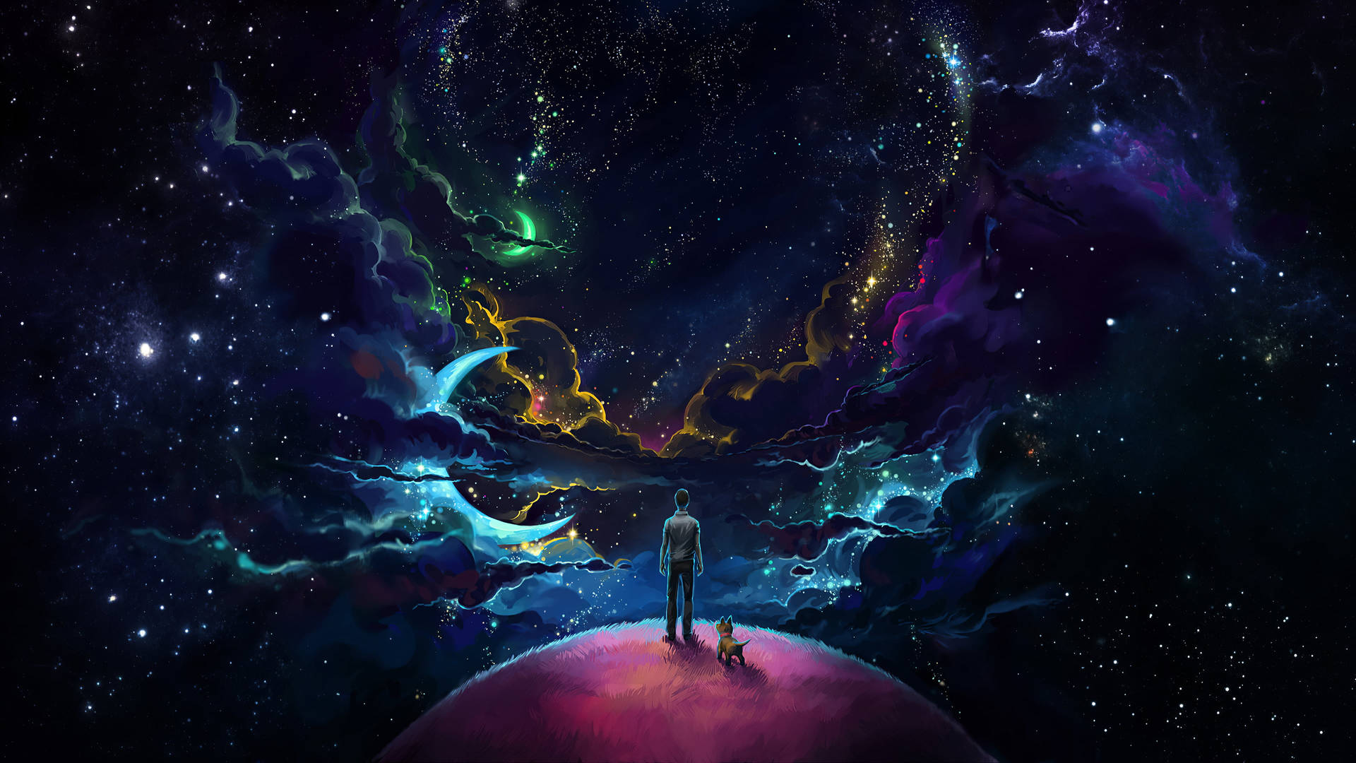 一個男人和他的狗在行星上觀看色彩繽紛的宇宙星雲。
