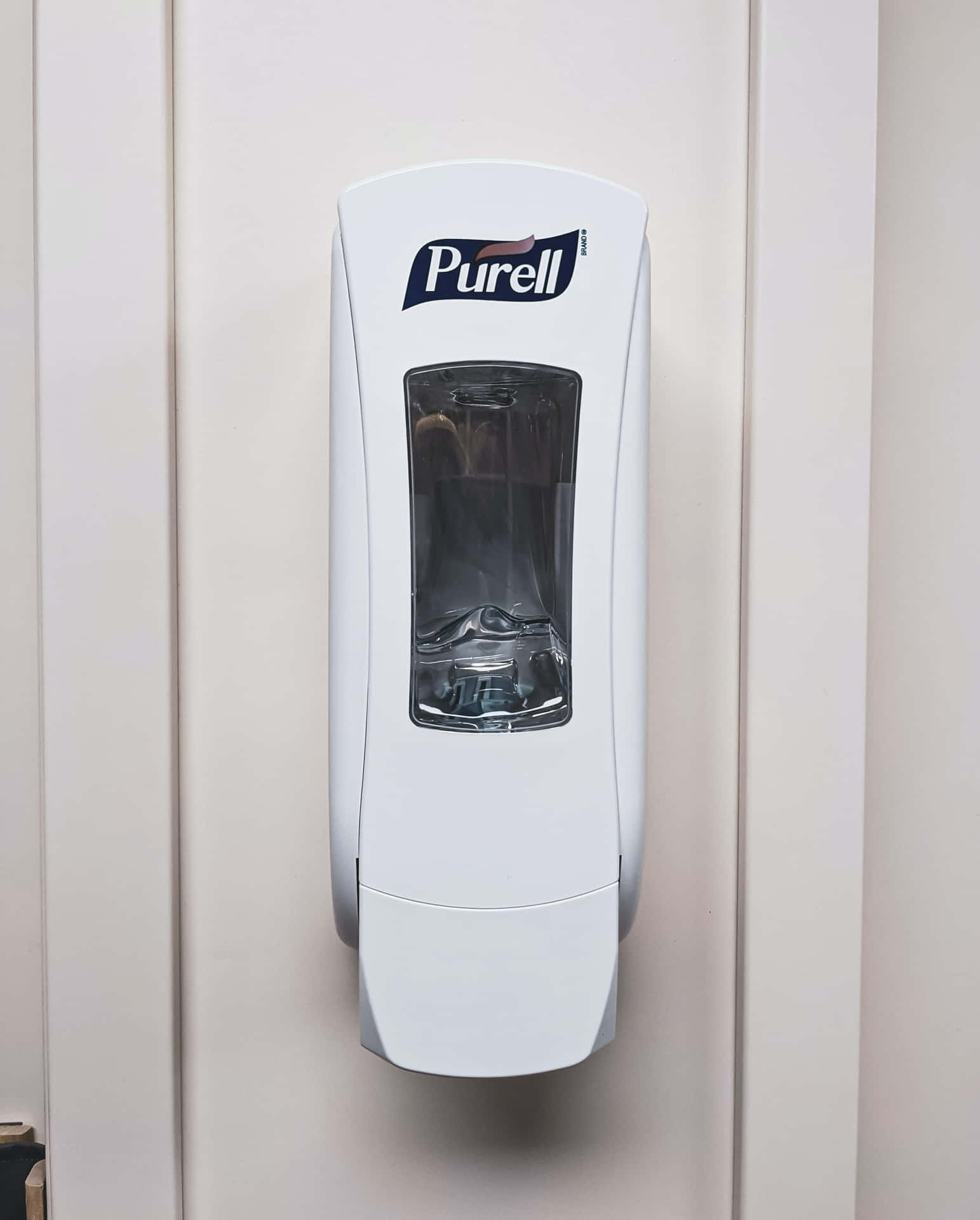 白色Purell洗手消毒液分配器安裝在米色牆上。