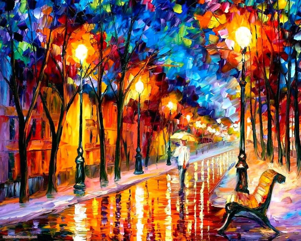 一個人在雨夜的城市街道上撐傘行走，周圍有色彩繽紛的倒影。