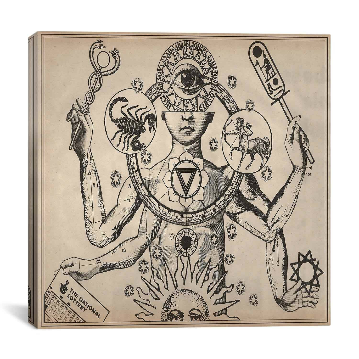 超現實的多臂人物手持神秘符號和彩票。