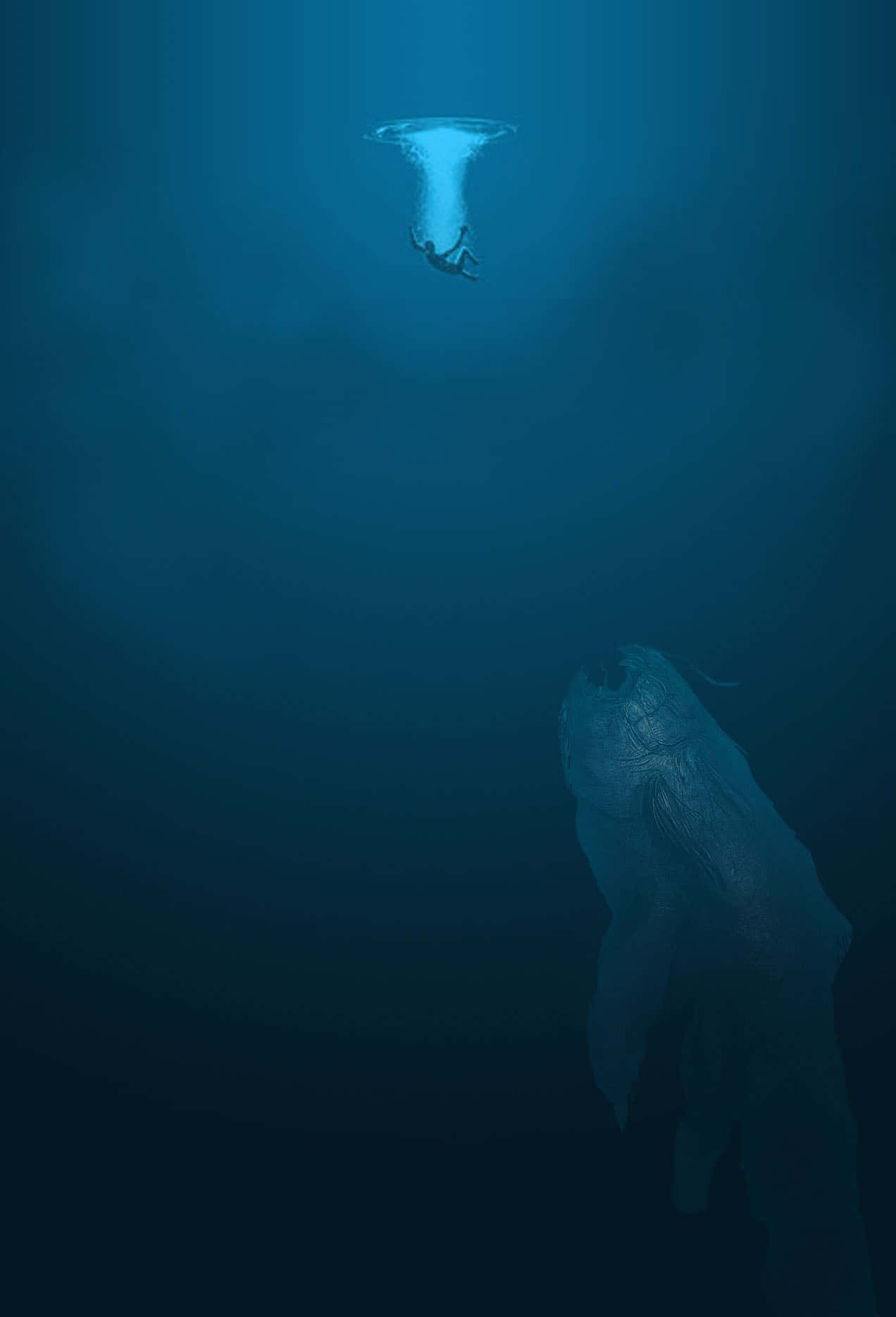潛水員在發光漩渦中上升，下方有巨鯨在黑暗海洋中。