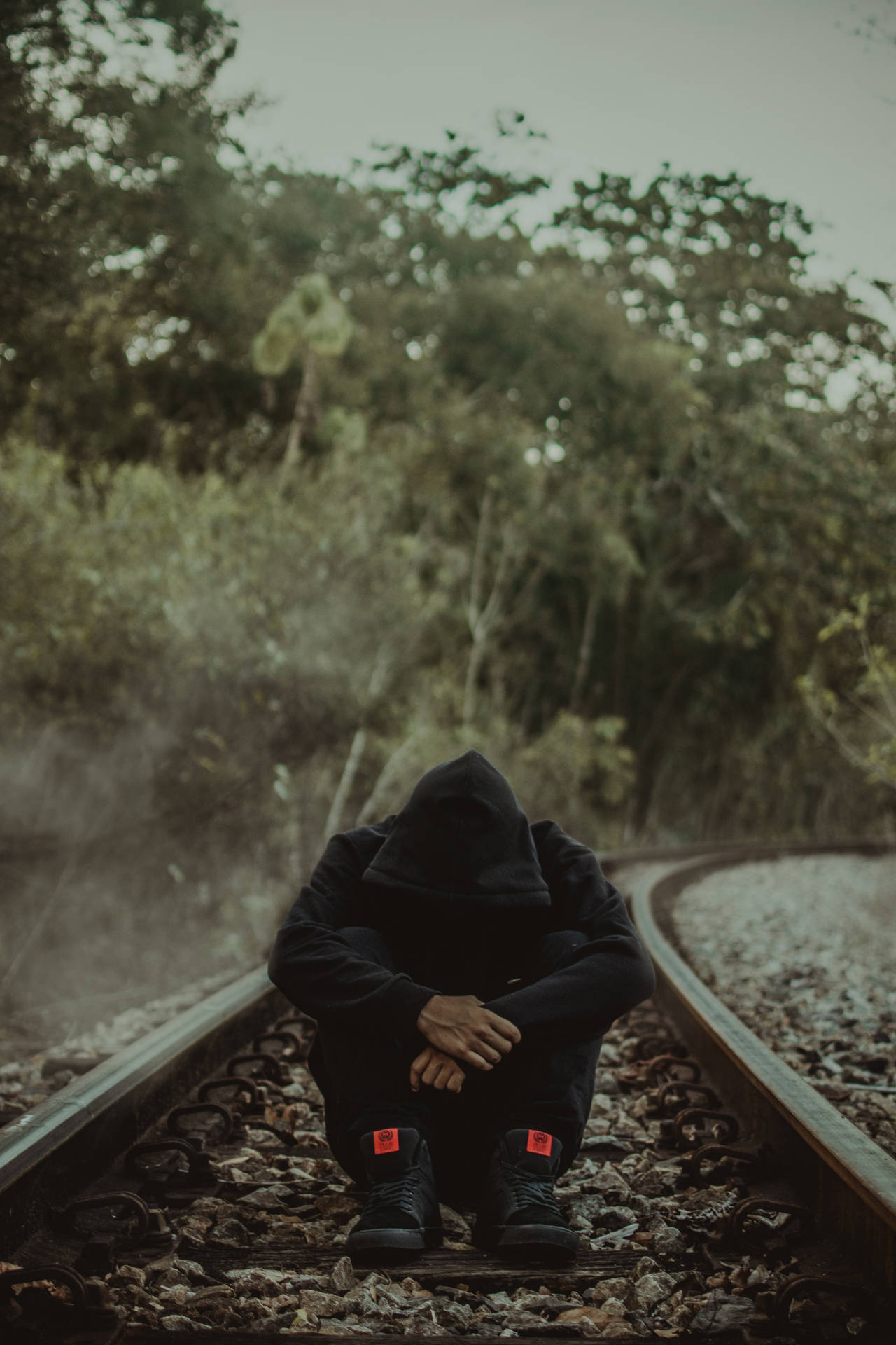 一個穿著黑色連帽衫的人獨自坐在霧氣森林中的火車軌道上。