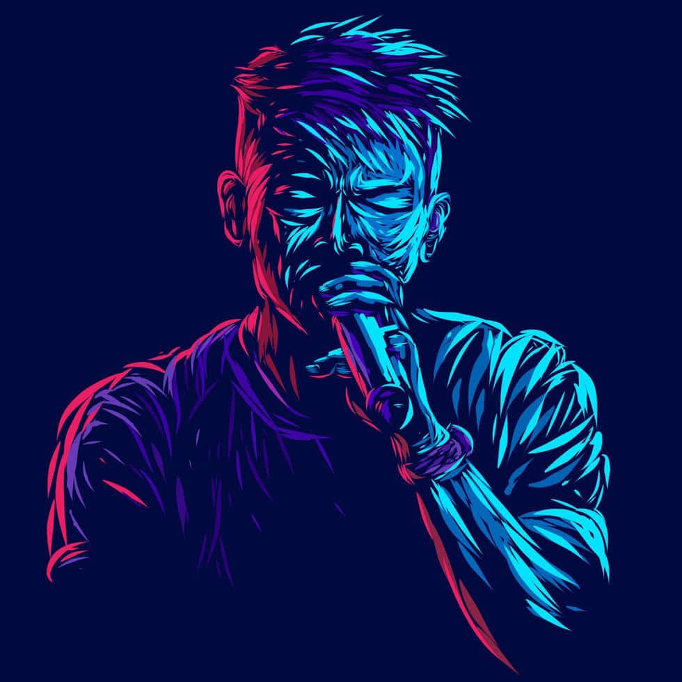 男子穿行於高聳的森林山谷 壁紙 — 一個風格化的數位插圖，描繪一名男子對著麥克風唱歌，帶有霓虹藍和紅色亮點，背景為深色。