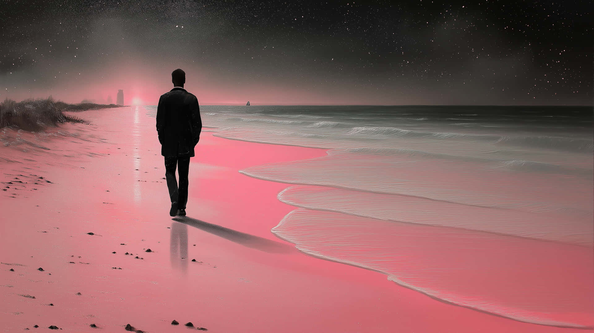一個穿著深色西裝的男人在星空下獨自走在夜晚的粉紅色海灘上。