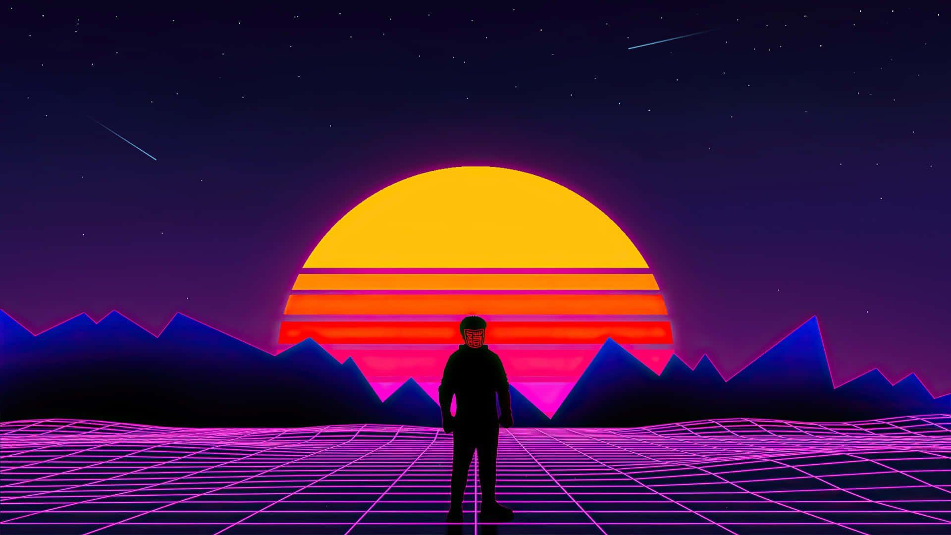 一個人的剪影站在發光的網格上，背景是復古的日落、山脈和星星。