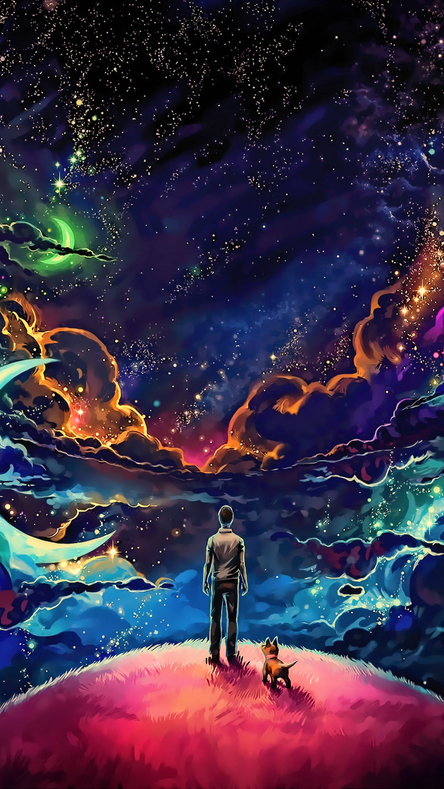 男子與狗在草地上仰望星空的數位藝術 壁紙 — 一個孤獨的身影和一隻小狗站在發光的山丘上，下方是充滿星星、星雲和彩色雲朵的充滿活力的宇宙天空。
