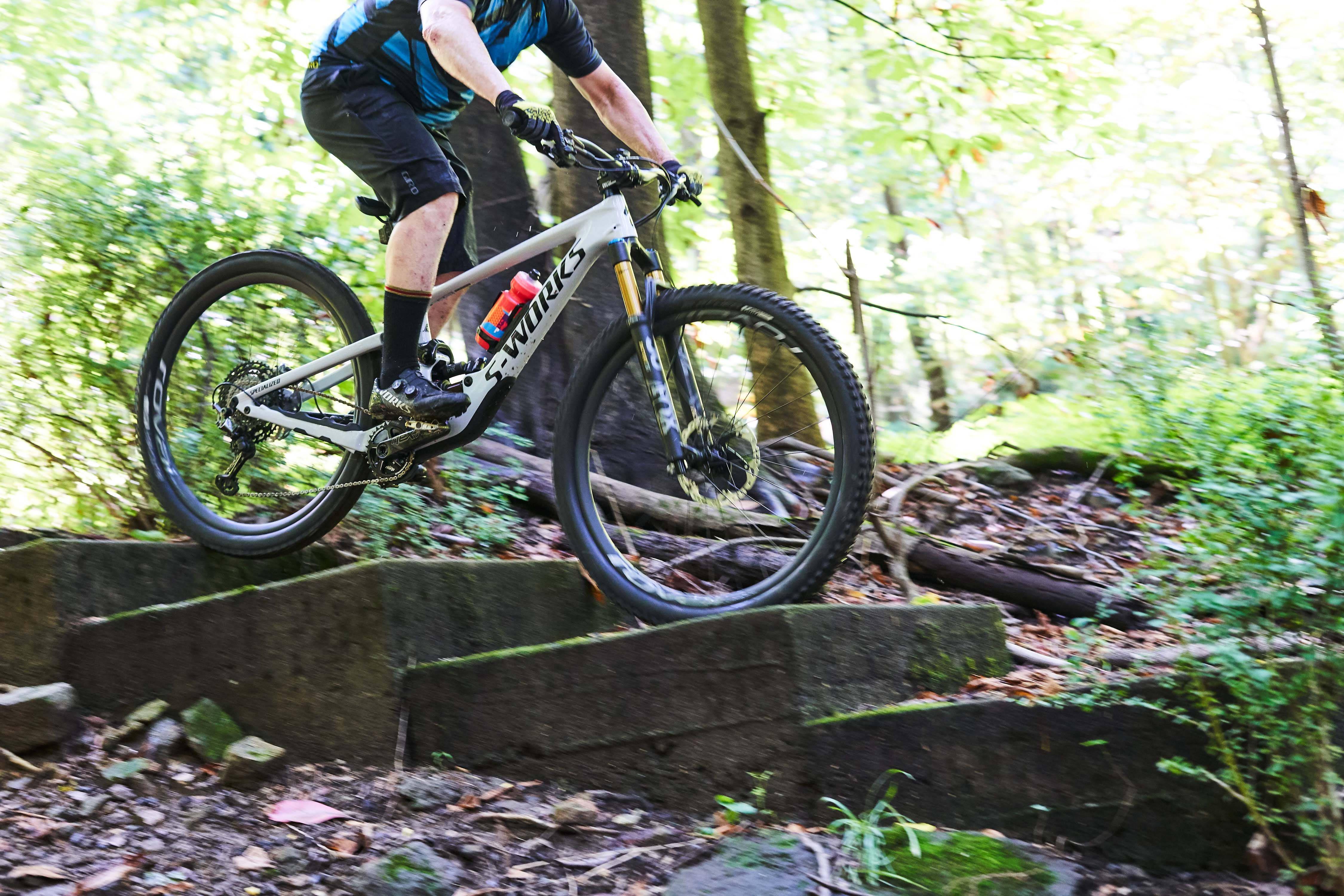 男子騎乘 Specialized 自行車 壁紙 — 一名身穿藍色裝備的山地車手，在陽光明媚的森林中，騎著白色Specialized單車駛過長滿苔蘚的石階。