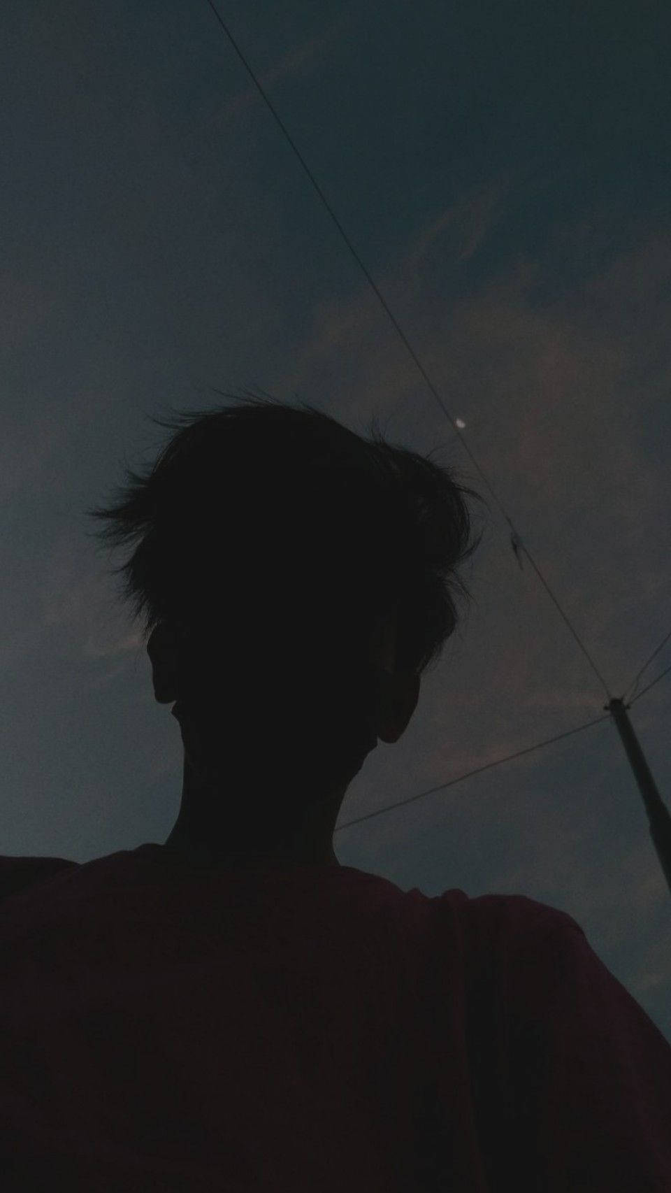 剪影人物仰望有電線嘅黃昏天空。