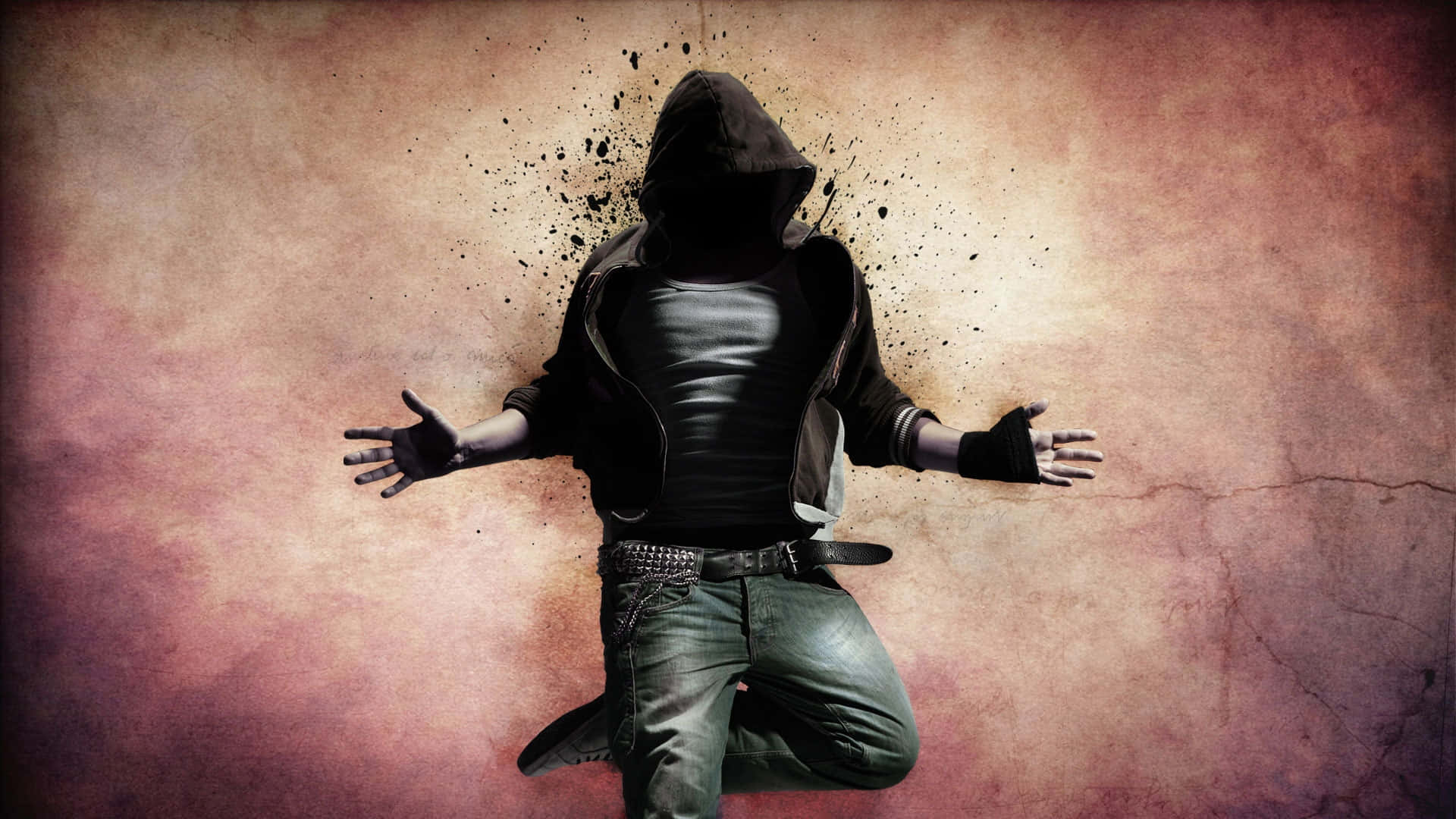 一個戴著連帽衫、身穿牛仔褲和皮褸的人物跪著，雙臂伸展，墨水飛濺從他們的背部迸發出來。