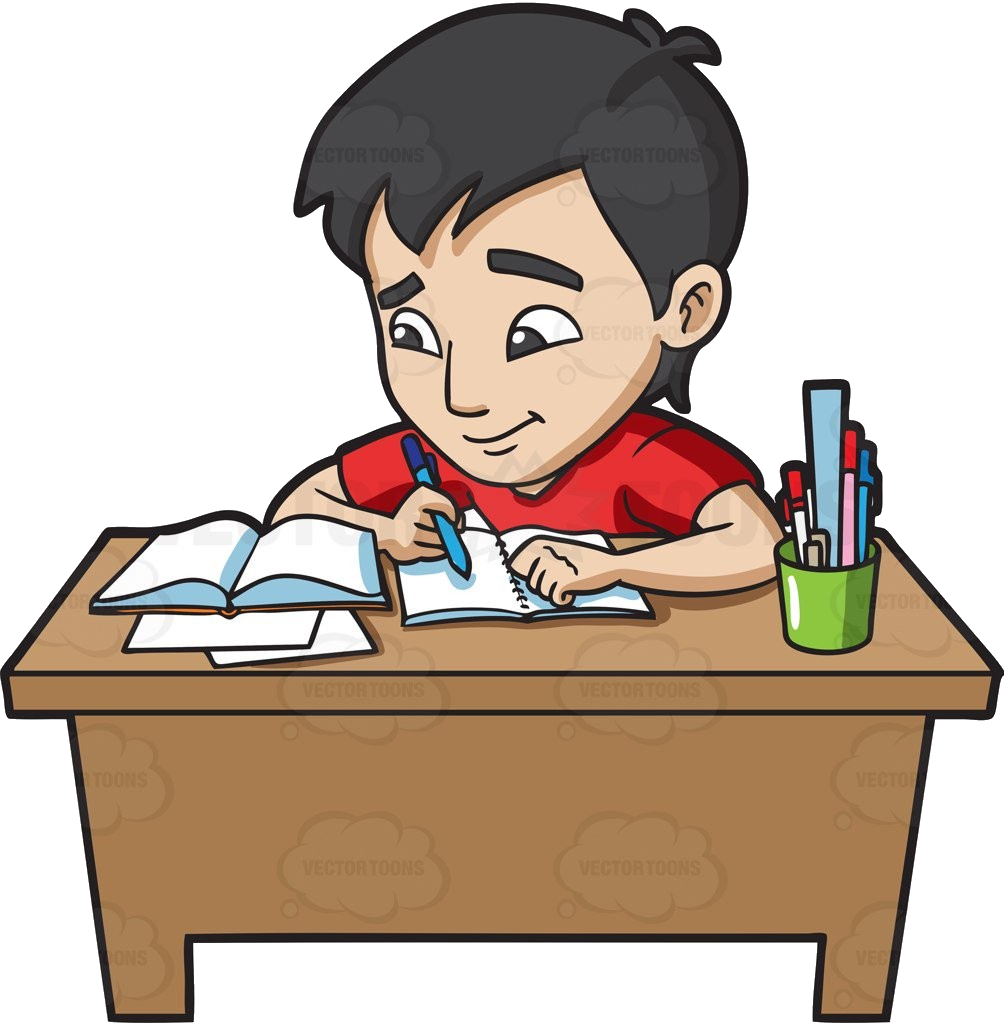 男孩在書桌前學習 壁紙 — 一個穿著紅色襯衫的快樂卡通男孩在木桌上寫筆記本，旁邊有一個綠色筆筒。