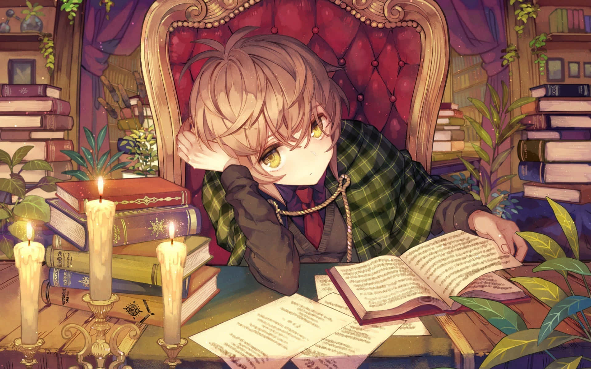 男孩坐在椅子上看書 壁紙
