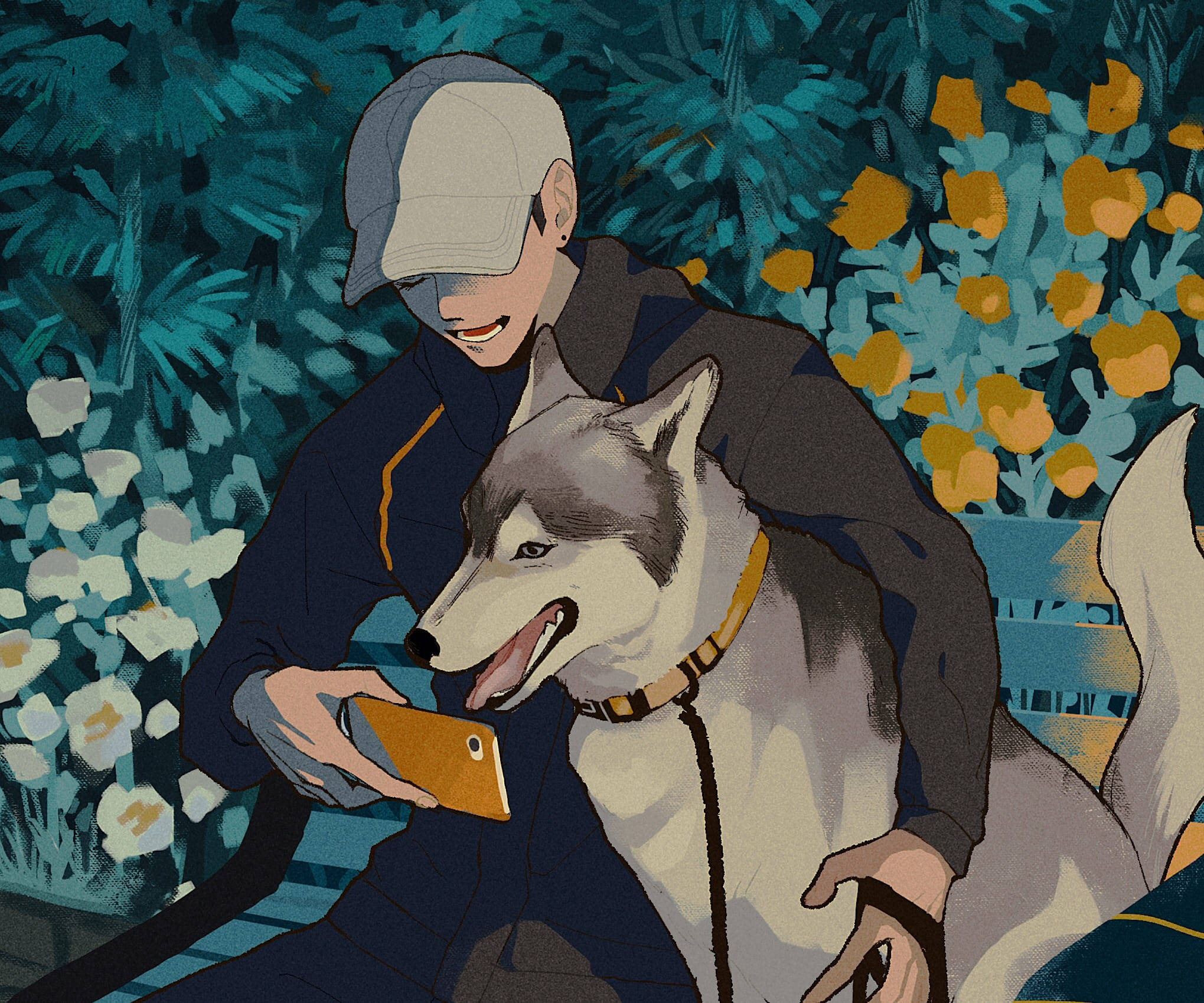 男孩與動漫犬的數位藝術 壁紙 — 一個戴帽子的年輕人在充滿活力的藍色和黃色花叢中與一隻快樂的哈士奇分享電話時刻。