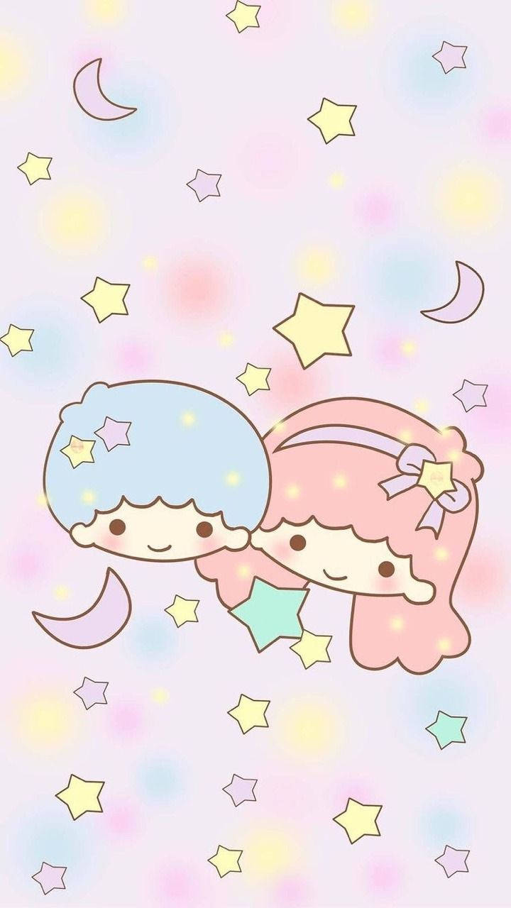 兩個微笑的卡通角色，擁有星星頭髮，漂浮在星星和月亮之間。