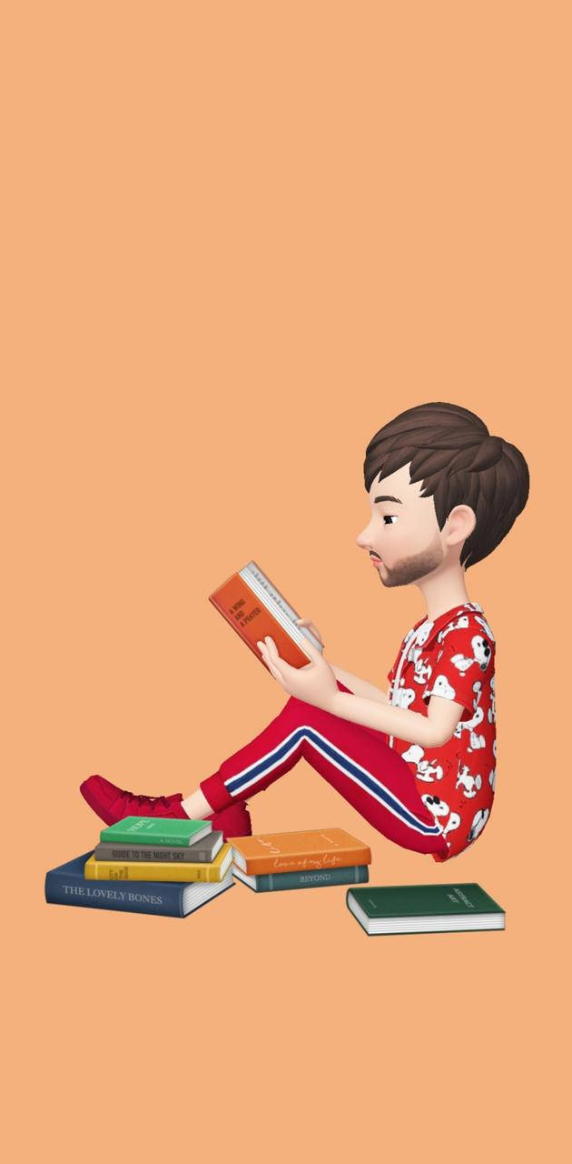 男孩閱讀書籍 壁紙 — 一個穿著紅色睡衣的卡通男孩盤腿坐著看書，周圍是色彩繽紛的書籍，背景是純蜜桃色。