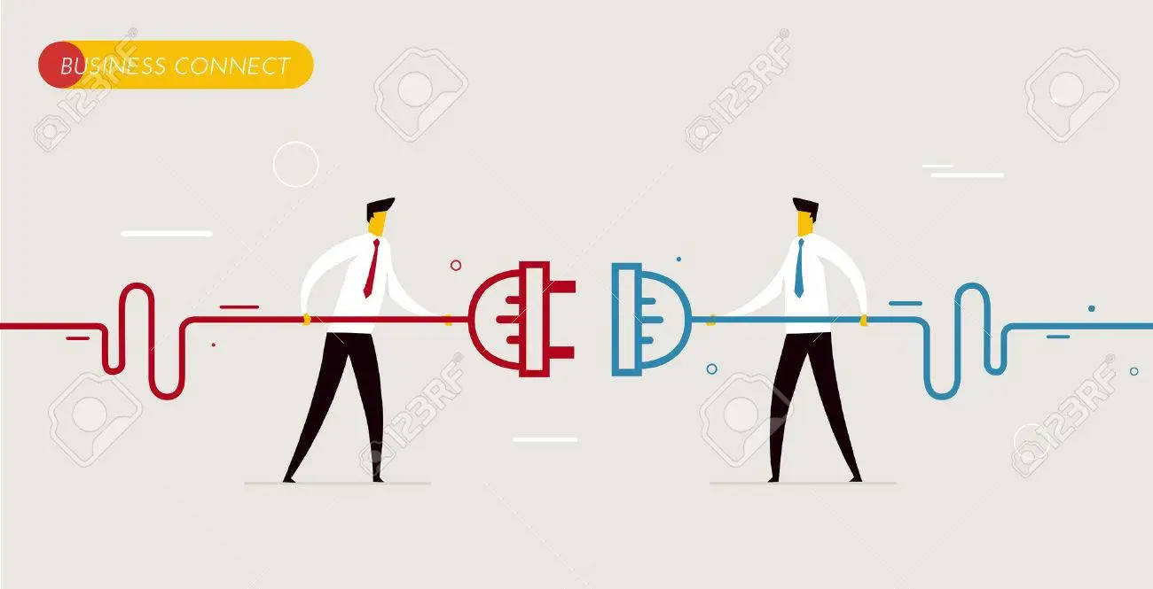 兩位商業人物連接插頭，象徵合作與夥伴關係。