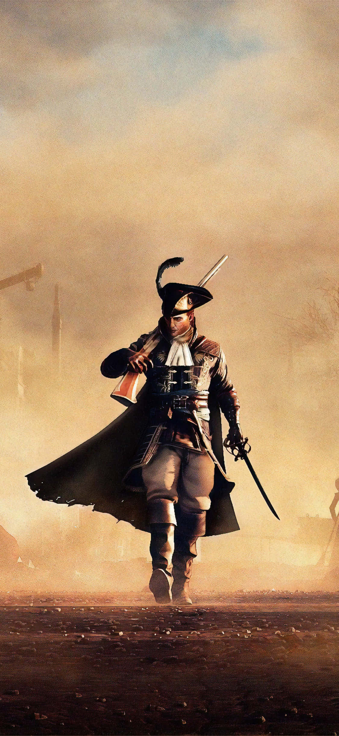 男性角色 iPhone X《Greedfall》背景 壁紙 — 一個孤獨的海盜戴著三角帽，在塵土飛揚的地形中大步前行，手持劍和火槍，天空朦朧。