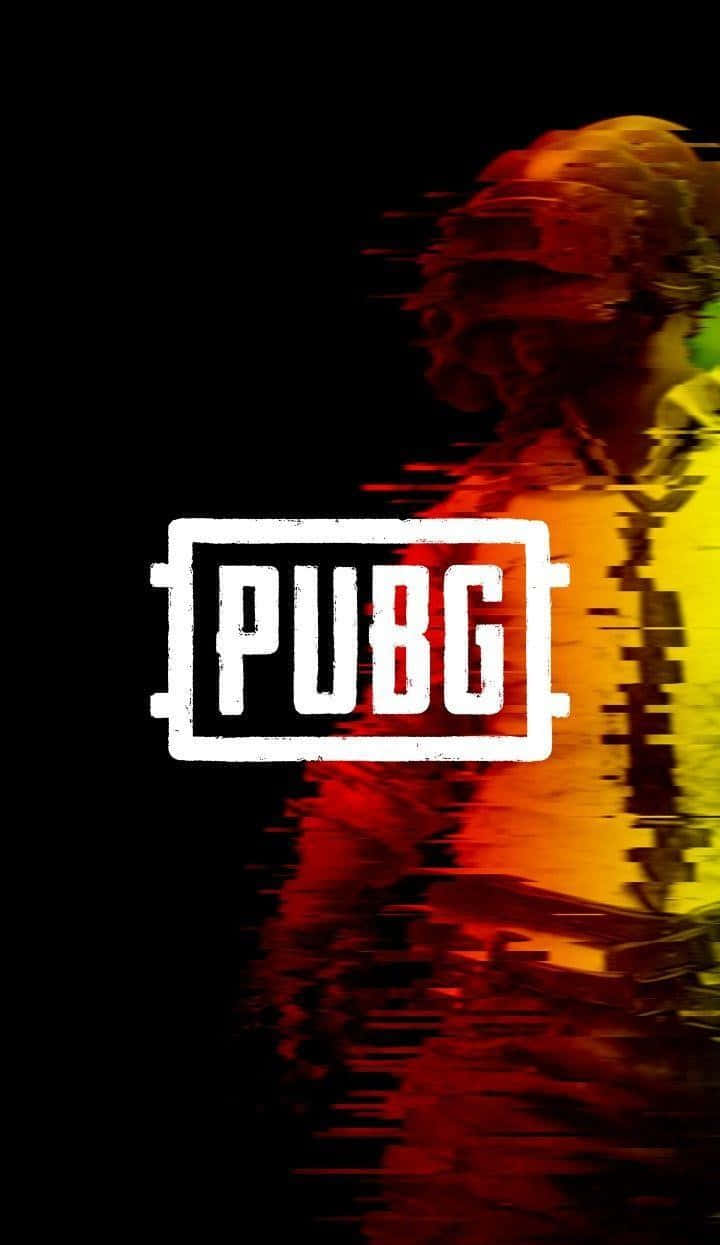 士兵的故障藝術，帶有 PUBG 標誌，在黑色背景上呈現鮮豔色彩。