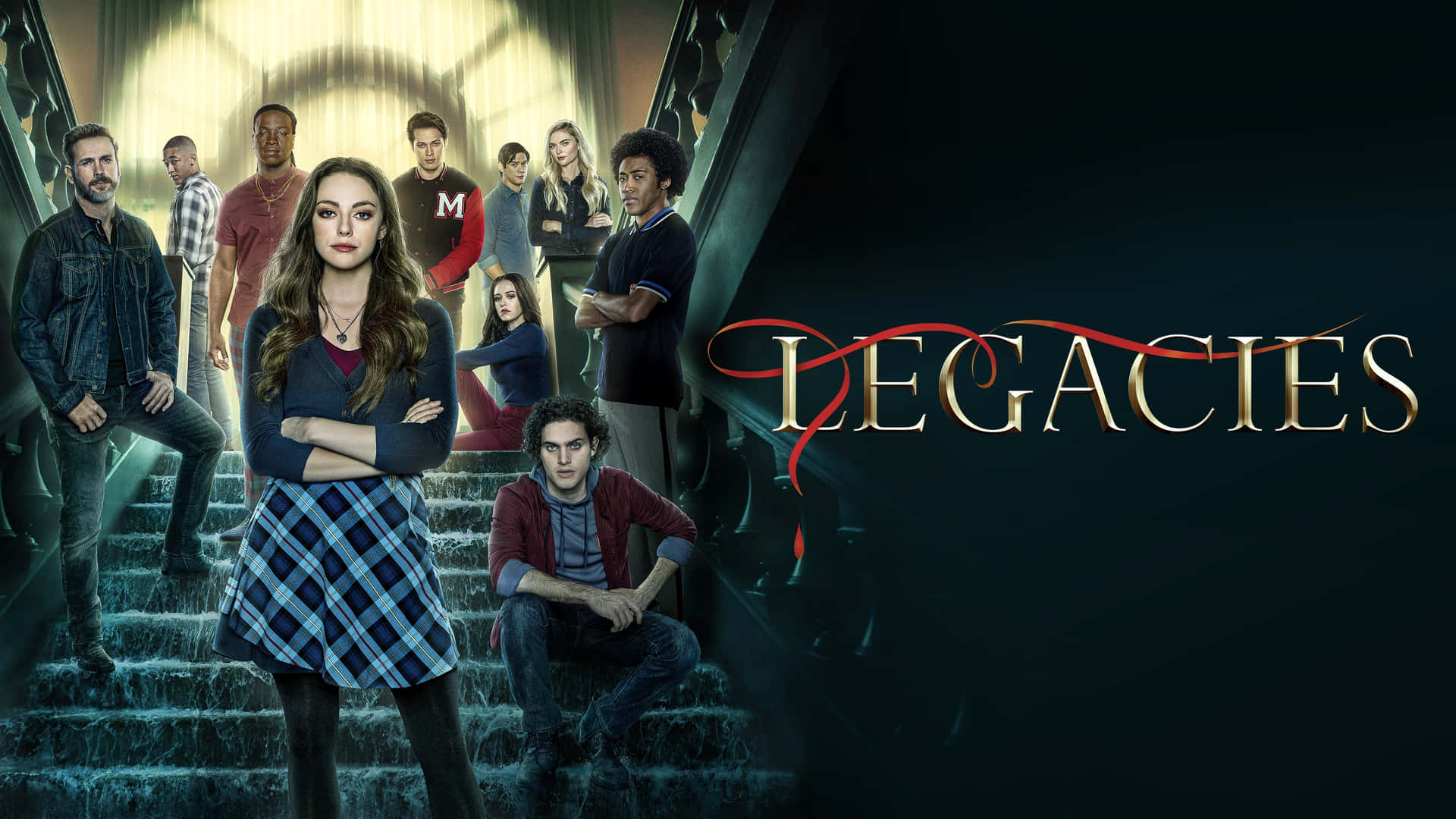 電視劇《Legacies》的演員站在發光的樓梯上，帶有標題標誌