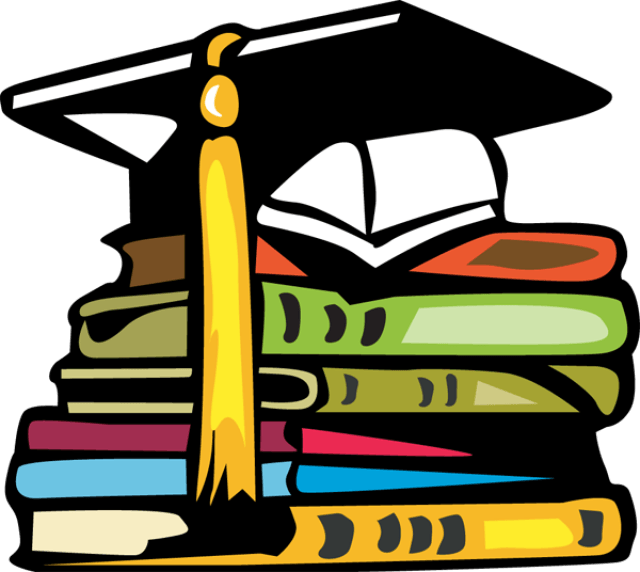 畢業帽與書籍剪貼畫 壁紙 — 一個充滿活力的卡通風格畢業帽，帶有黃色流蘇，放在一堆色彩繽紛的書本上，背景為黑色。