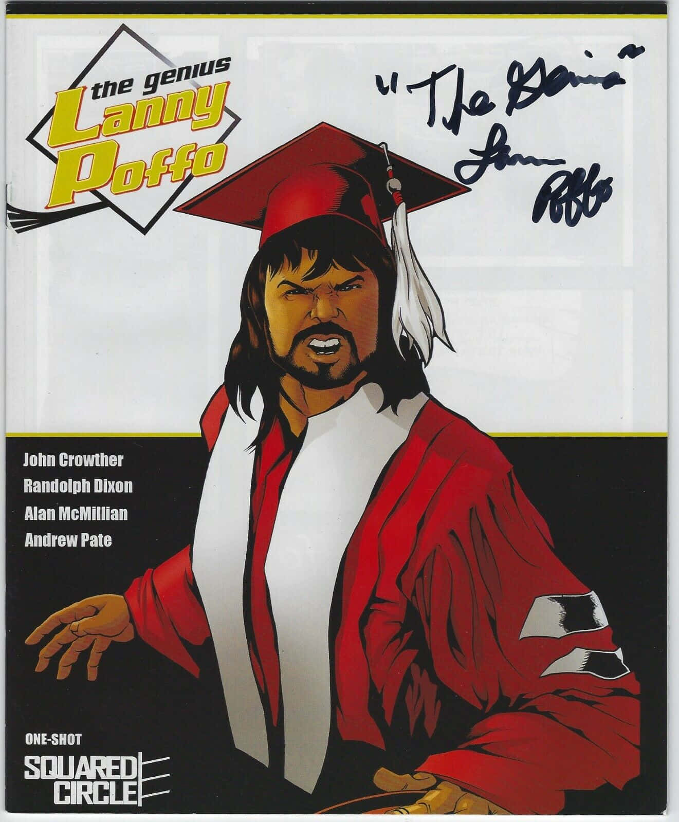 畢業袍職業摔角手蘭尼·波福 壁紙 — 漫畫書封面， featuring Lanny Poffo 穿著紅色畢業帽和長袍，表情憤怒並帶有簽名。
