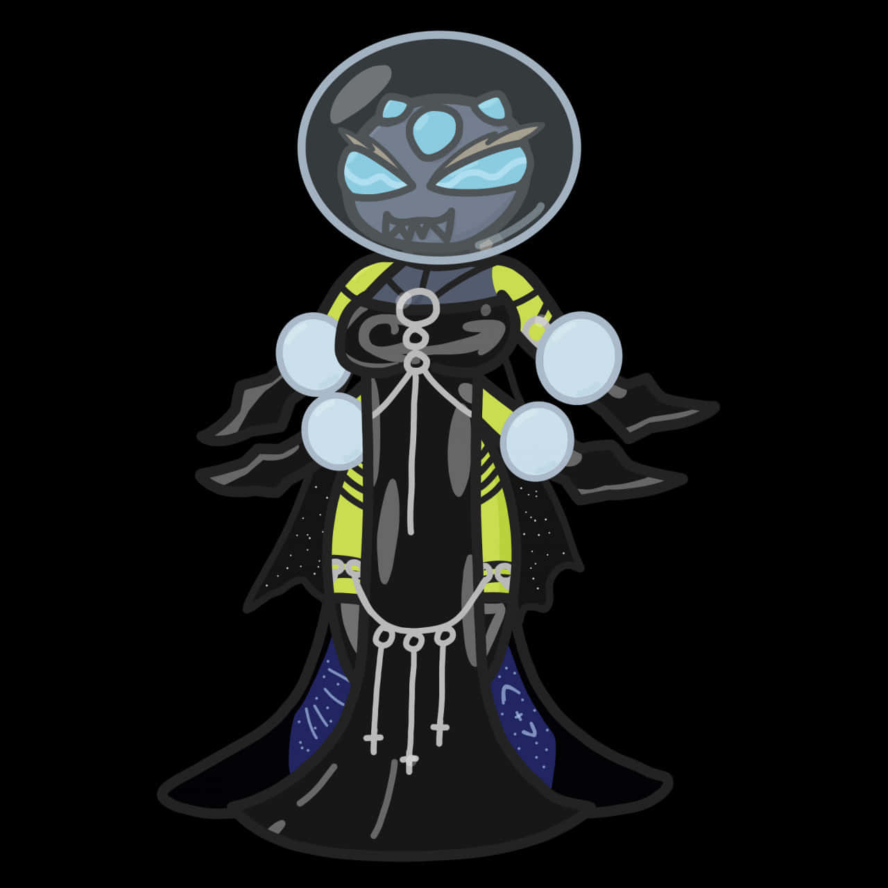 略帶擬人化的阿拉夸尼德 壁紙 — 一個穿著黑色長袍、擁有發光藍色眼睛和白色球體的卡通外星人漂浮在黑色背景上。