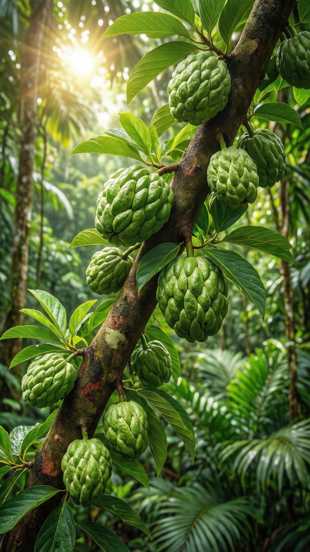 番荔枝樹豐收 壁紙 — 陽光穿過茂密的叢林樹冠，照亮了生長在粗枝上的一簇簇綠色奶油蘋果。