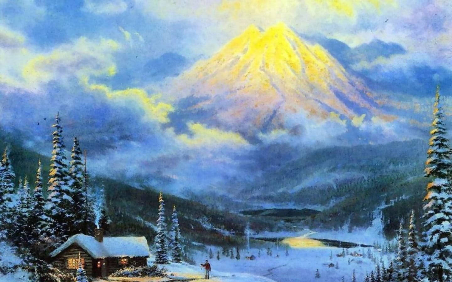 畫中溫馨冬日小木屋 壁紙 — 一座舒適的雪覆蓋小屋坐落在冬季樹林中，一個孤獨的身影走向沐浴在金色日落光芒中的閃耀山峰。