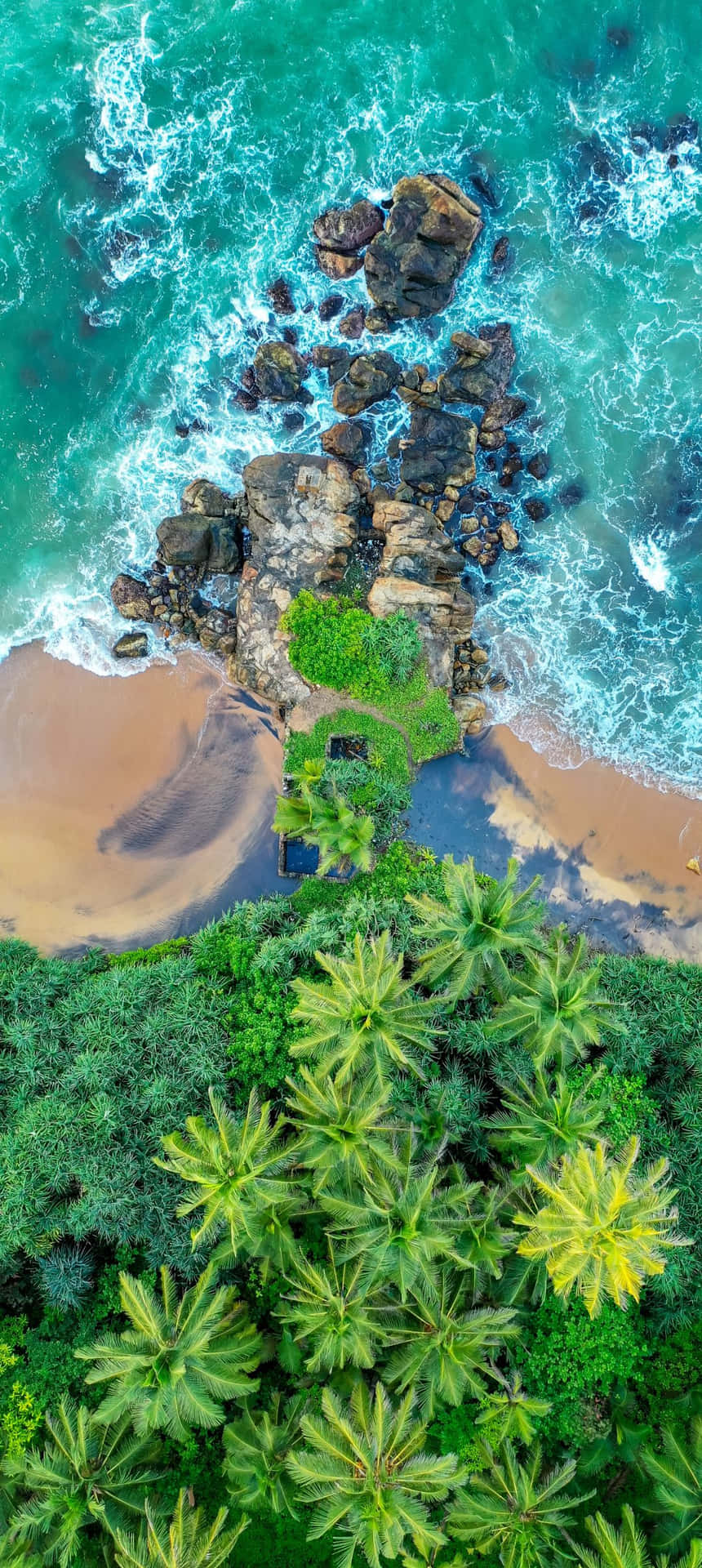 熱帶海灘的空中俯瞰，棕櫚樹和碧綠的海浪拍打岩石。