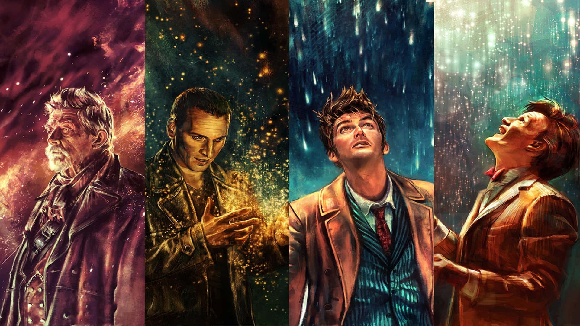 Tv Series 桌布 壁紙 — 《異世奇人》中四位博士的化身站在宇宙面板中，各自以獨特的星空或星雲背景為襯托。